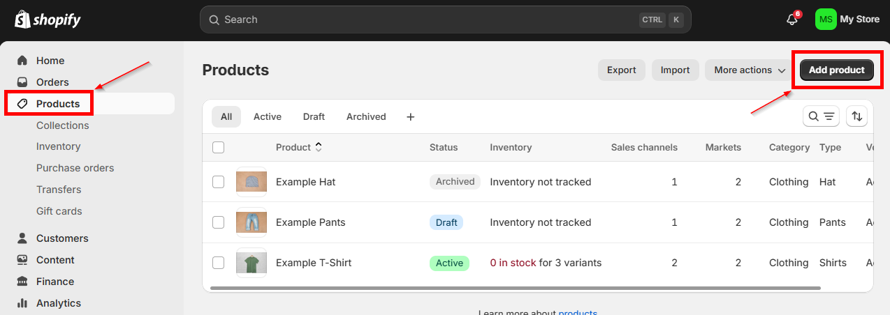 shopify add products