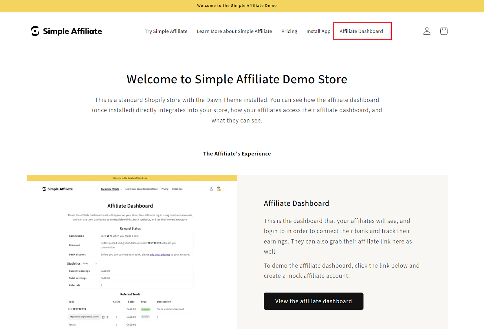 simple affiliate dashboard shopify integration